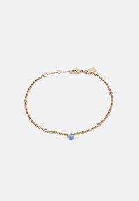 Gold chain bracelet featuring colorful gemstones, including green, blue, and purple accents, with a heart-shaped blue charm.