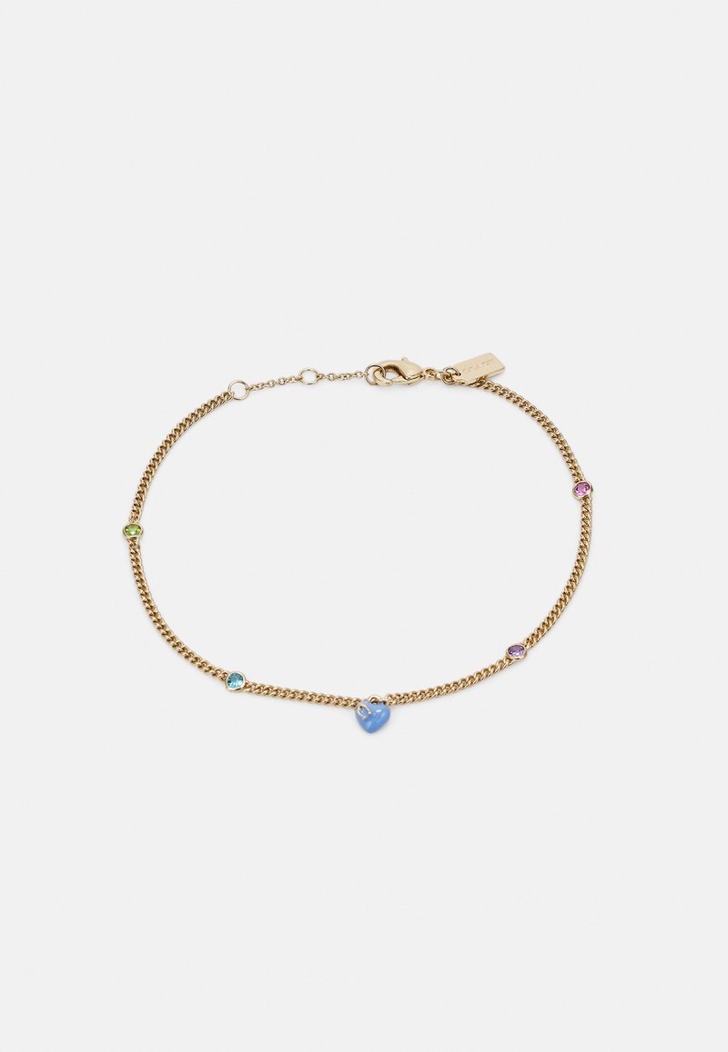 Gold chain bracelet featuring colorful gemstones, including green, blue, and purple accents, with a heart-shaped blue charm.