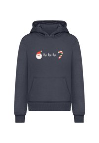 Hoodie bleu marine avec une poche avant, présentant un graphique sur le thème de Noël : un visage de Santa, le texte "ho ho ho", et un design de canne en sucre.