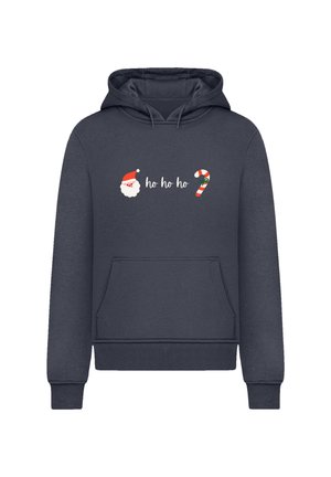 Marineblaue Kapuzenjacke mit einer Vordertasche, verziert mit einem weihnachtlichen Motiv: Santa-Gesicht, dem Text "ho ho ho" und einem Zuckerstangen-Design.
