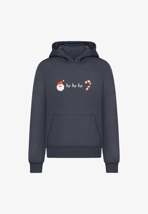 Hoodie bleu marine avec une poche avant, présentant un graphique sur le thème de Noël : un visage de Santa, le texte "ho ho ho", et un design de canne en sucre.