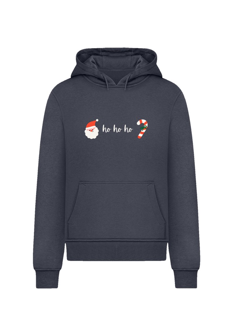 Hoodie bleu marine avec une poche avant, présentant un graphique sur le thème de Noël : un visage de Santa, le texte "ho ho ho", et un design de canne en sucre.