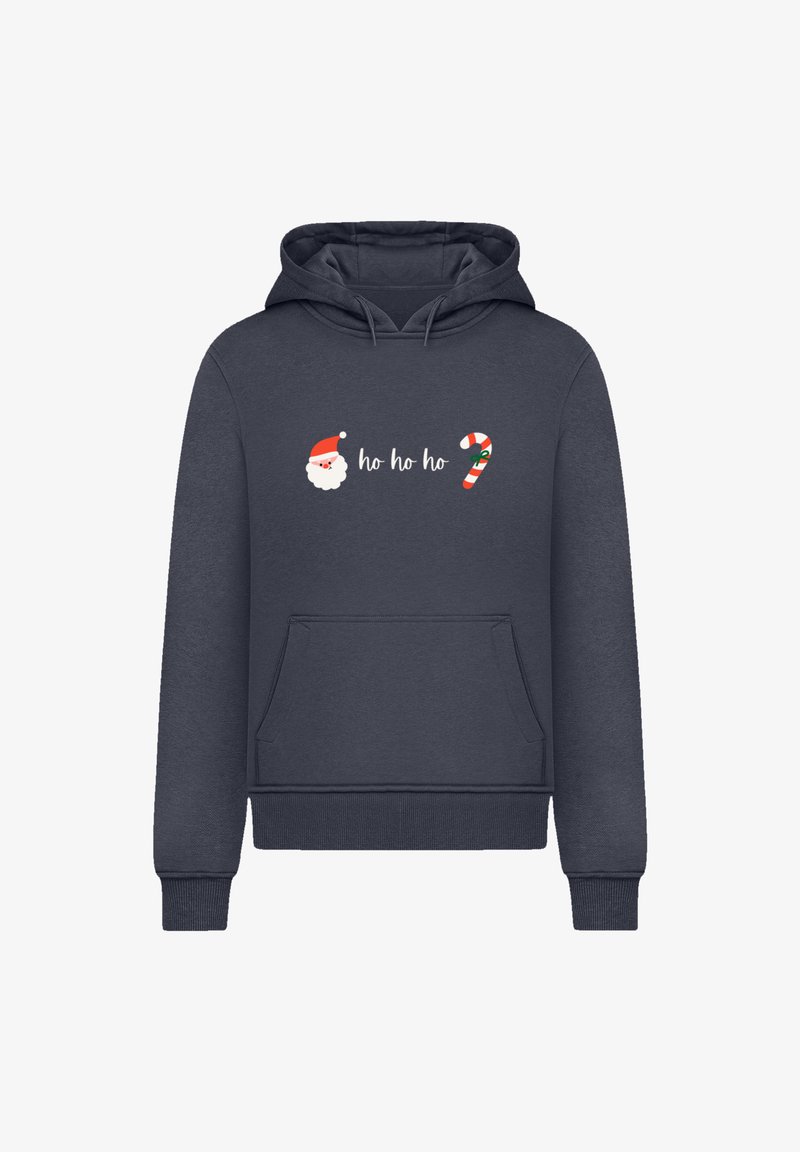 Navyblauwe hoodie met een voorzak, met een kerstthema afbeelding: Santa gezicht, de tekst "ho ho ho" en een zuurstok ontwerp.
