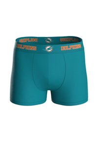 Tyrkysově modré boxerské trenýrky s elastickým páskem, na kterém je nápis "DOLPHINS" a oranžové logo. Hladká textura, přiléhavý střih.