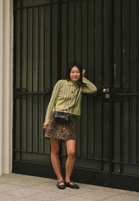 Cárdigan de rayas verdes, falda de estampado de leopardo, bolso cruzado negro y zapatos negros texturizados contra un fondo de verja metálica.