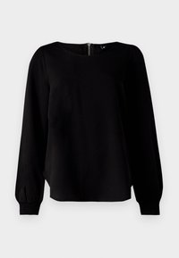 Blouse noire à manches longues avec un col ras du cou, dotée de poignets élastiques et d'une fermeture éclair dans le dos. Texture lisse, coupe décontractée.