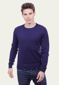 Pull en maille bleu marine à manches longues et col ras du cou. Texture douce, coupe ajustée. Porté avec un jean bleu. Style minimaliste.