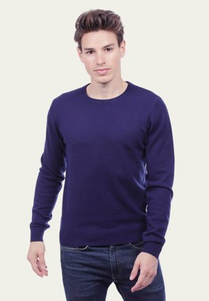 Pull en maille bleu marine à manches longues et col ras du cou. Texture douce, coupe ajustée. Porté avec un jean bleu. Style minimaliste.