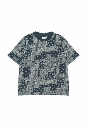 Granatowa koszulka z białym wzorem paisley, krótkie rękawy i okrągły dekolt, wykonana z miękkiej bawełny.