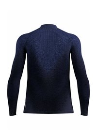 Navy long-sleeve athletic shirt featuring a textured pattern, fitted design, and high collar. Material appears stretchy and breathable.