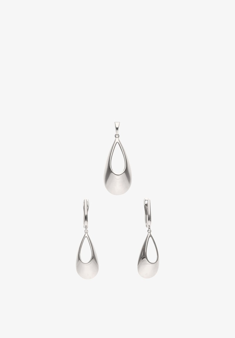 Ciondolo a forma di goccia tono argento e orecchini abbinati con centri vuoti, mostrati su sfondo bianco.
