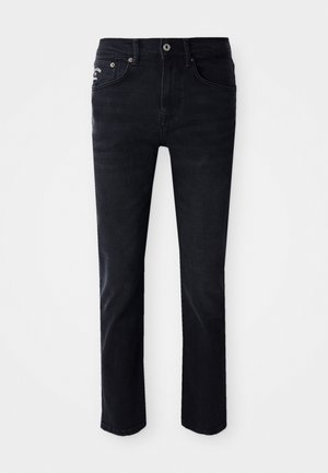 Svarta denimjeans med rak benform, försedd med fem fickor, dragkedja och metallbeslag, med en jämn yta.