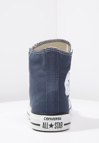 Marinblå kanvas hög-topp sneakers med vit söm, en rund logopatch och en svart och vit gummisula. Bakifrån syns den förlängda kragen.