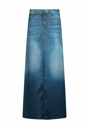 Lang blå denimnederdel med falmede og slidte områder, forlommer, bæltestropper, knap- og lynlåslukning.