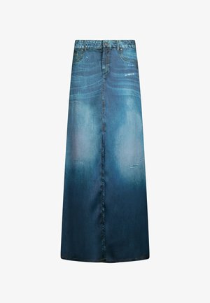 Lang blå denimnederdel med falmede og slidte områder, forlommer, bæltestropper, knap- og lynlåslukning.