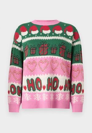 Suéter de Natal com padrões em rosa, verde e branco, incluindo chapéus do Pai Natal, caixas de presentes, corações, flocos de neve e o texto "HO HO HO".