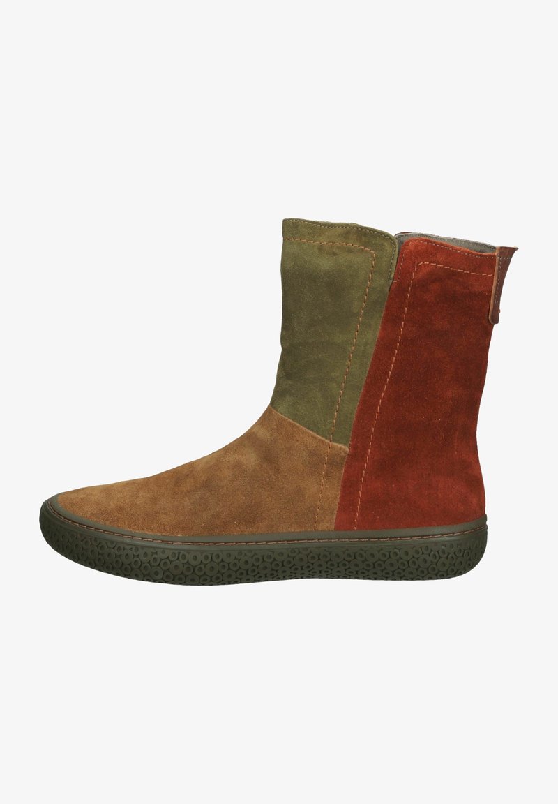 Suede ankle boots featuring a mix of brown, green, and red panels. Rubber sole with textured surface for grip. Smooth upper with stitching details.