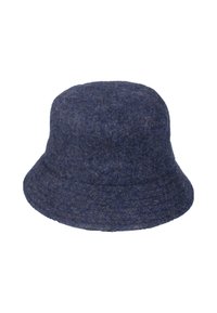 Cappello a secchiello in lana blu con una finitura morbida e texturizzata, dotato di un ampio bordo e una corona arrotondata. Il design è senza cuciture e non presenta hardware visibile.