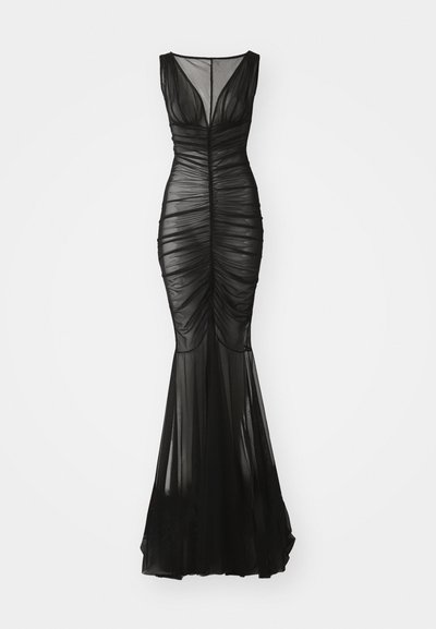 Schwarzes, ärmelloses Abendkleid mit gerafften Details, transparenter Überlage, tailliertem Oberteil und ausgestellt geschnittenem Saum. Es verfügt über einen V-Ausschnitt und sanfte Drapierungen.