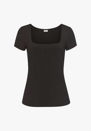 Must mustree E-T-särk musta värviga, millel on ruudukujuline kaelus. Valmistatud siledast ja venivast kangast. Omab sobivat vormi ja puhtaid õmblusi.