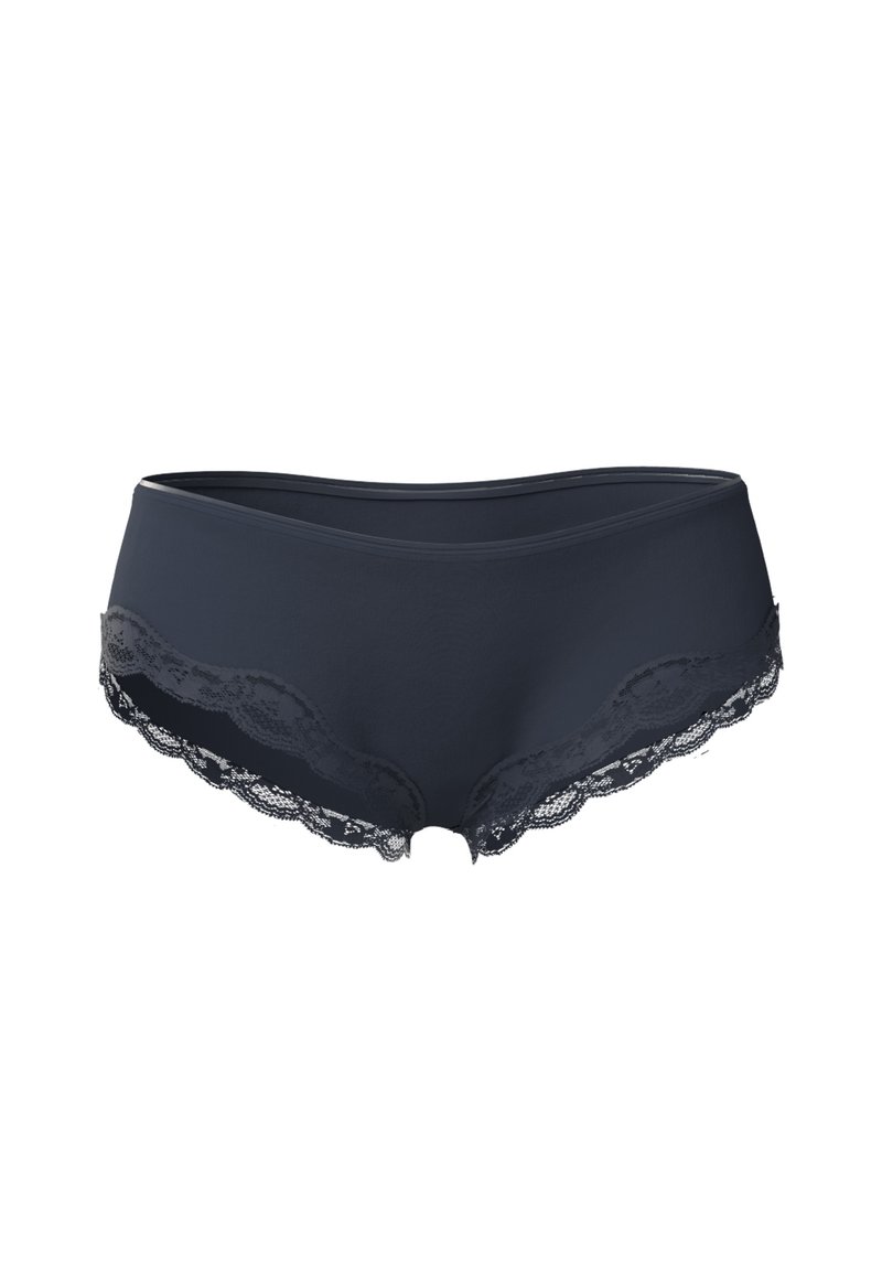Shorty bleu marine avec bordure en dentelle le long de la taille et des jambes. Confectionné dans un tissu lisse, offrant un ajustement confortable et une couverture minimale.