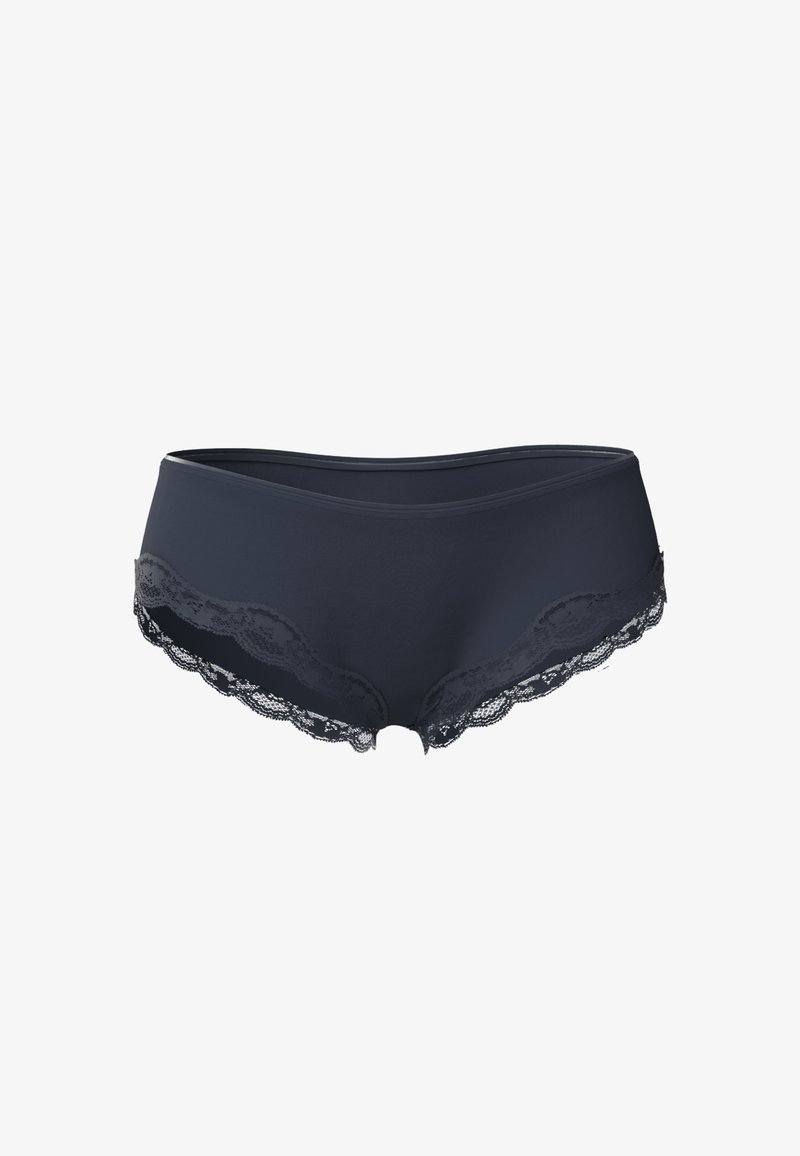 Shorty bleu marine avec bordure en dentelle le long de la taille et des jambes. Confectionné dans un tissu lisse, offrant un ajustement confortable et une couverture minimale.