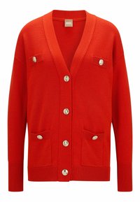 Cardigan lavorato a maglia rosso con scollo a V, due tasche frontali e bottoni in tono oro. Le maniche e l'orlo a costine migliorano la finitura testurizzata.