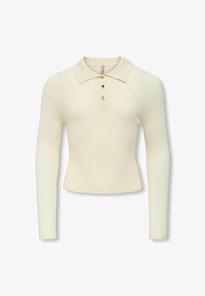 Tricou polo cu mâneci lungi, de culoare crem, cu o textură ribbed, având guler și o deschidere cu trei nasturi, cu o siluetă ajustată. Textură moale și finisaj neted.