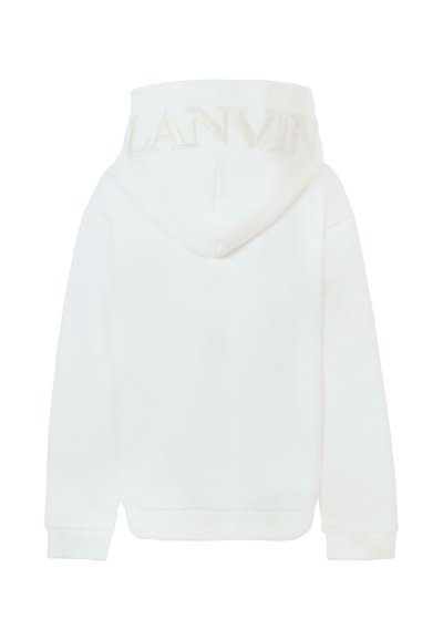 Felpa bianca con una texture morbida, caratterizzata da un logo "LANVIN" ricamato sul cappuccio. Il design include maniche lunghe e una vestibilità comoda.