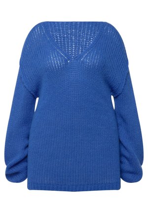 Sininen neulepaita V-päällä, väljä malli ja pitkät hihat. Riipputekstiili, jossa on hienovarainen avoin neulekuvio ja ribbireuna.
