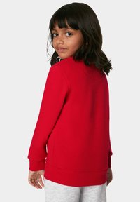 Rotes Sweatshirt mit langen Ärmeln und gerippten Bündchen. Glatte Textur und lässige Passform, von hinten betrachtet. Verfügt über einen runden Ausschnitt.