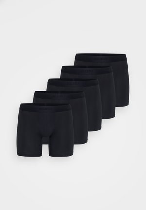 Black men's boxer briefs, seamless design, elastic waistband with "Hollister" logo, five pairs arranged in a row against a white background.