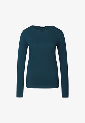 Camisa de manga larga teal en una tela ligera y suave, con un escote redondo y un diseño ceñido. Sin patrones visibles ni herrajes.