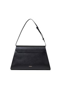 Borsa a tracolla nera in pelle con design strutturato e una sola tracolla, con una pattina liscia e un logo dorato nella parte inferiore.