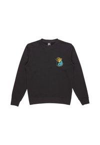 Black sweatshirt made of cotton, featuring a round neckline, long sleeves, and a chest graphic in blue and yellow with abstract shapes.