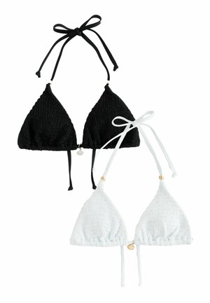 Svart och vit triangeltopp i bikini med texturerat tyg, justerbara band och detaljer i glänsande guldton i mitten.