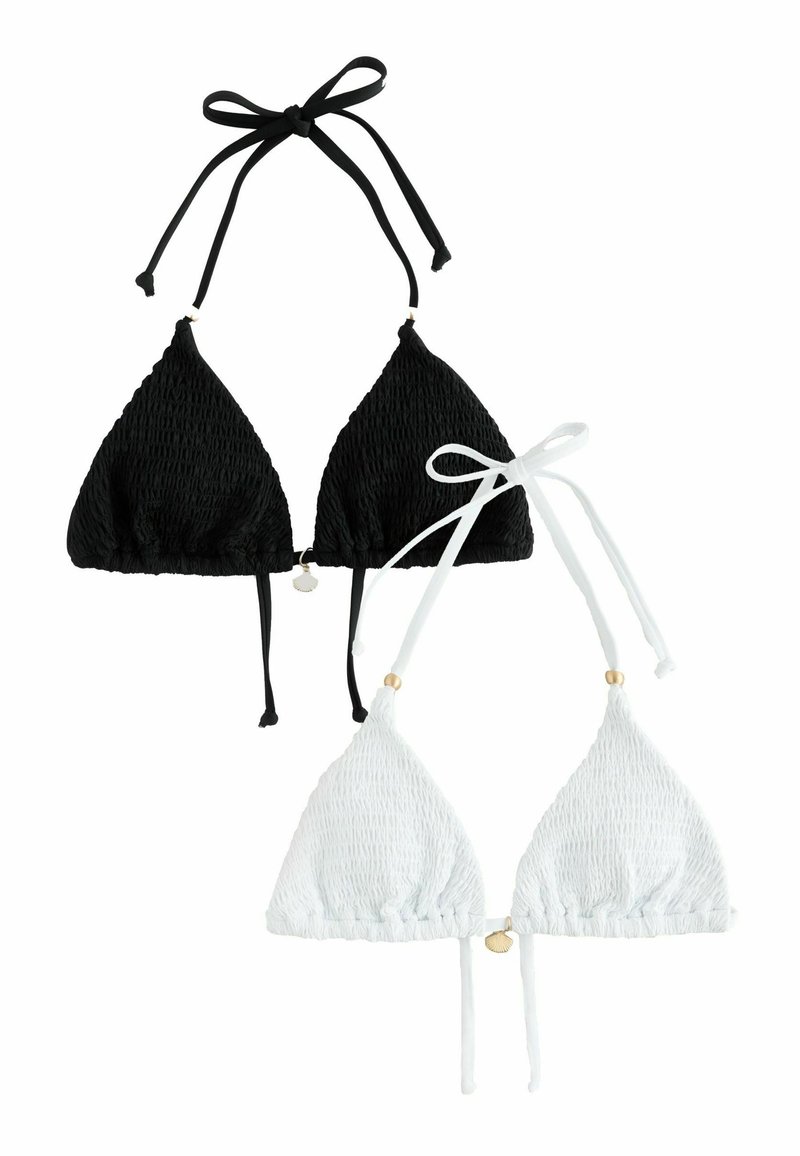 Svart och vit triangeltopp i bikini med texturerat tyg, justerbara band och detaljer i glänsande guldton i mitten.