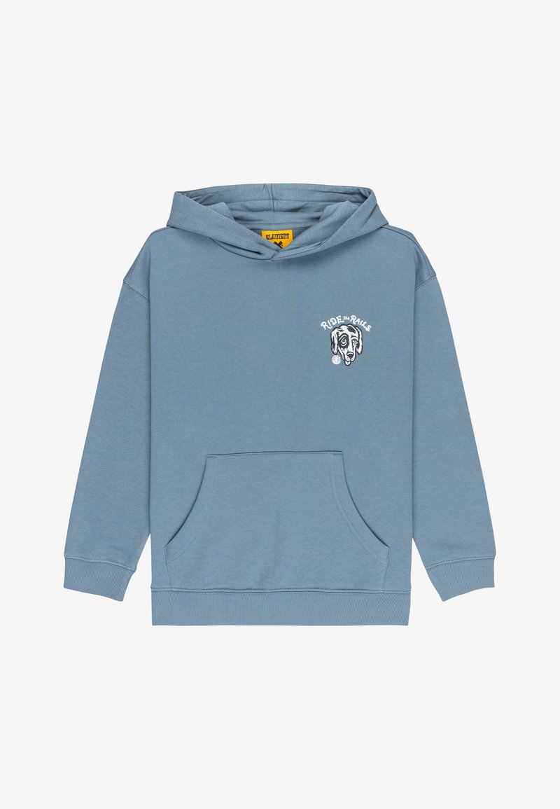 Blå hættetrøje med forlomme og lille brystgrafik af en hunds ansigt samt teksten "Ride the Rails" i hvid.