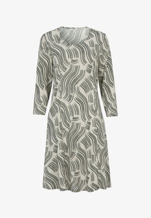 Beige, langærmet kjole med sort abstrakt bølget linjemønster og rund halsudskæring, knælængde og løstsiddende.