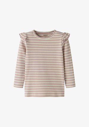 Garām piedurknēm tops ribveida audumā ar pasteļrozā un krēmkrāsas svītrām, ar volāniem uz pleciem un apaļu kakla izgriezumu.