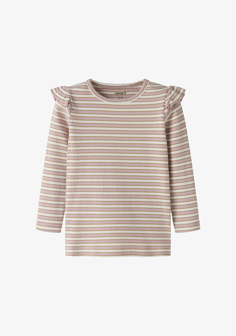 Long-sleeve top in ribbed fabric with pastel pink and cream stripes, featuring shoulder ruffles and a round neckline.