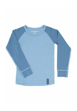 Blaues Langarmhemd mit Raglanärmeln, bestehend aus einem hellblauen Körper und dunkleren blauen Akzenten, aus weichem Stoff mit kontrastierenden Nähten.