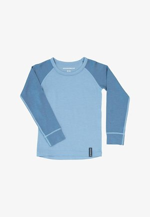 Sininen pitkähihainen paita raglan-hupuilla, jossa on vaaleansininen vartalo ja tummansinisiä yksityiskohtia, valmistettu pehmeästä kankaasta, jossa on erottuva ommel.