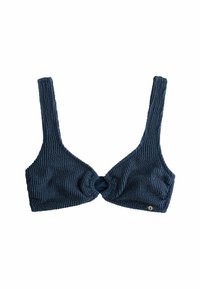 Granatowy, teksturowany stanik bikini z szerokimi ramiączkami, węzłem z przodu oraz małym złotym logo z boku.