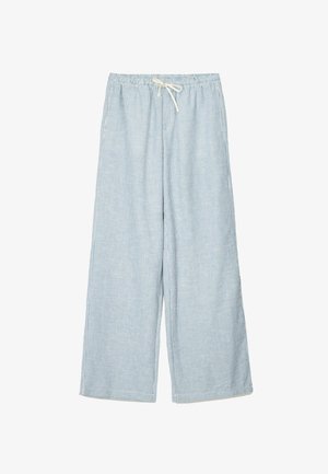 Svietlomodré a biele pruhované široké nohavice s elastickým pásom a detailom na šnúrku. Mäkko, ľahký materiál s voľným strihom.