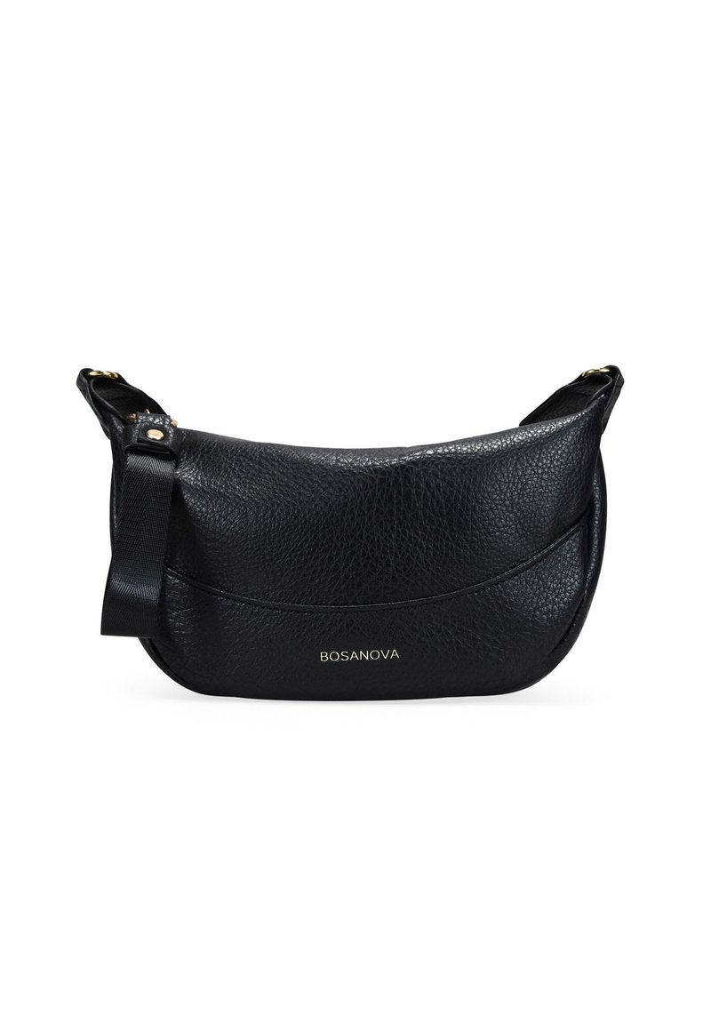 Bolso de mano de cuero negro con forma curva, superficie texturizada, acentos de hardware dorado y una correa desmontable. Presenta el logo en la parte frontal.
