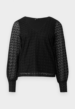 Crna bluza dugih rukava od čipke s poluprozirnim uzorkovanim rukavima i V-izrezom, prikazana na jednostavnoj bijeloj pozadini.