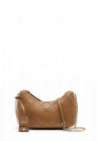 Kollakas kaareva õlakott, valmistatud tekstureeritud nahast, millel on reljeefne logomuster, kuldse tooniga ketirihm ja reguleeritav sang.