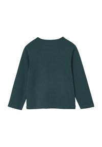 Langärmliges Shirt aus dunkelgrüner Baumwolle mit Rundhalsausschnitt und geradem Saum. Glatte Textur ohne sichtbare Muster oder Akzente.