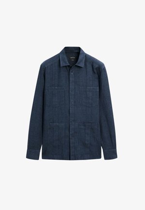 Dark blue long-sleeve shirt with a button-down collar, featuring two chest pockets and vertical stitching details on the front.